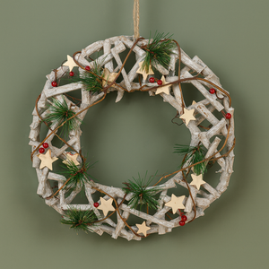 Rustic Christmas Wreath – Whitewashed Twig Star Wreath with Pine, Berries & Natural Finish for Door or Wall