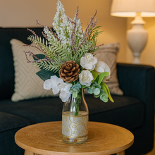 Winter White Faux Floral Arrangement in Glass Vase – Christmas Pinecone & Berry Decoration