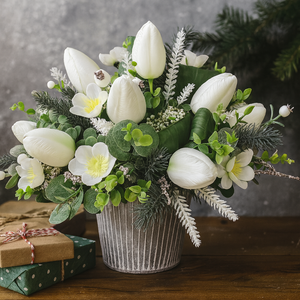 Floral arrangement with white tulips and greenery in a textured pot on a wooden surface.