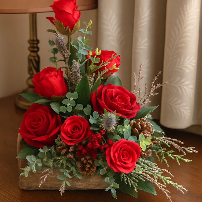 Christmas Red Rose Arrangement – Artificial Festive Flowers with Pinecones in Rustic Wooden Pot for Table or Mantel