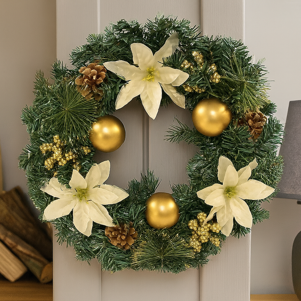 Decorative Christmas wreath with gold balls, white flowers, and pinecones on a neutral background.