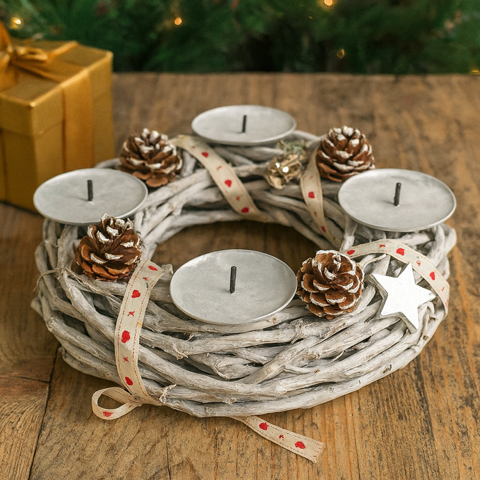Decorative wreath with candles and pine cones on a wooden surface with a Christmas tree in the background.