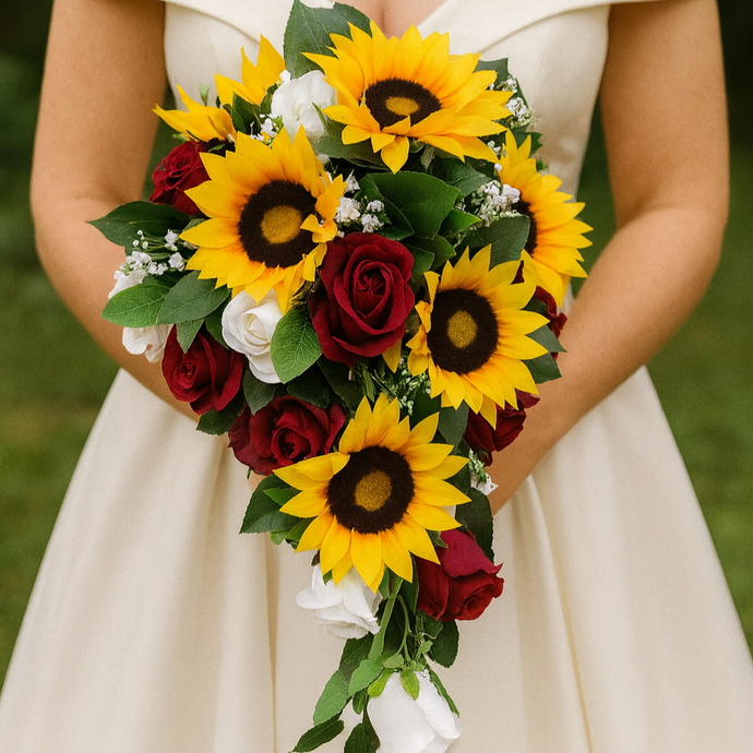A bouquet collection of artificial roses and sunflowers
