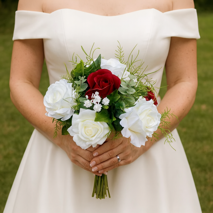 A brides bouquet of deep burgundy and ivory faux flowers