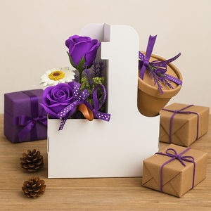 Luxury Soap Flower Gift Box with Bath Dust in Kraft Pot – Purple Rose & Daisy Pamper Set