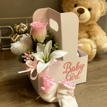 New baby girl flower arrangement plus booties & flannel teddy