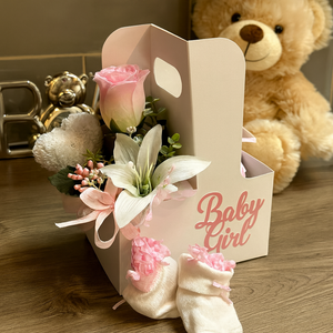 New baby girl flower arrangement plus booties & flannel teddy
