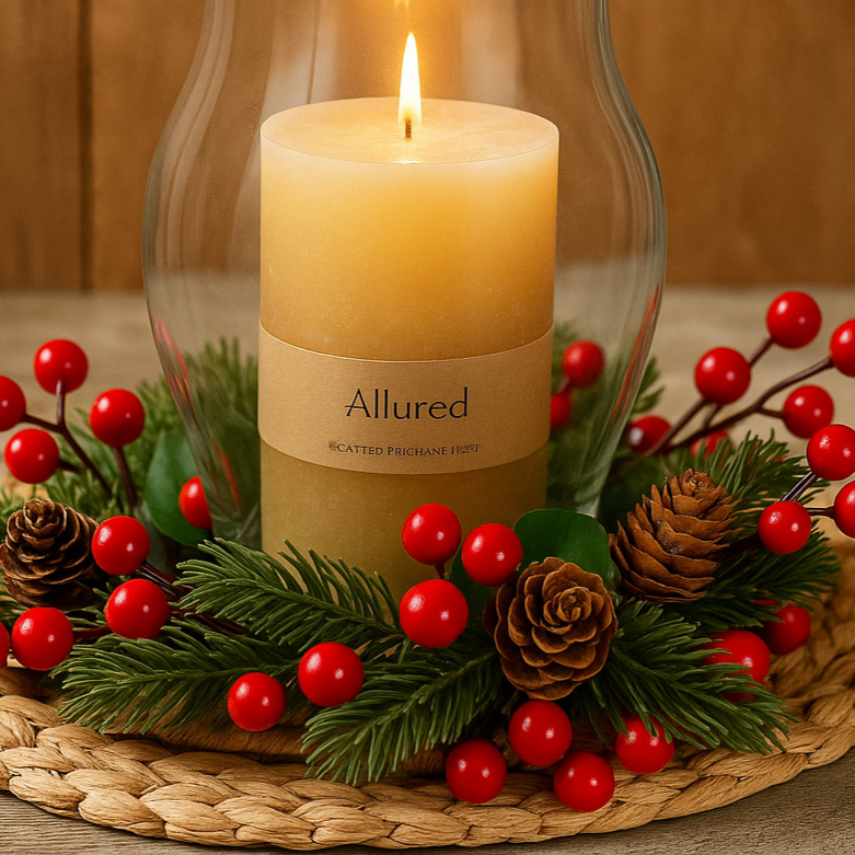 Rustic Christmas Candle Centerpiece with Glass Storm Lantern, Pinecones & Red Berries