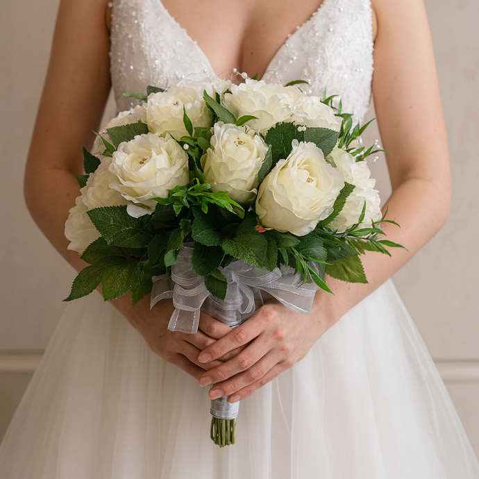 Bride holding a bouquet of white roses with a neutral background