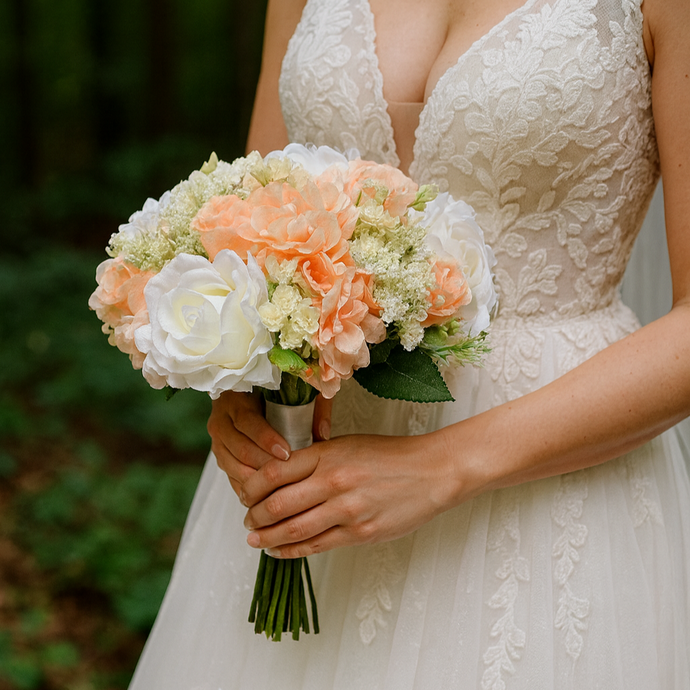A wedding bouquet collection  featuring silk flowers in shades of ivory and peach