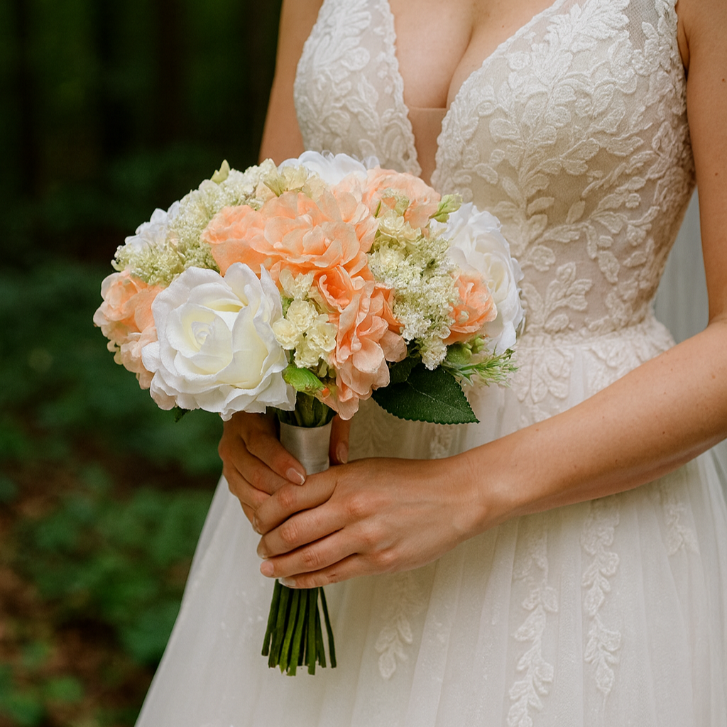 A wedding bouquet collection  featuring silk flowers in shades of ivory and peach