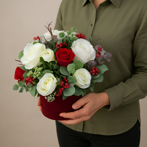 Person holding a bouquet of red and white flowers in a heart-shaped box against a beige background