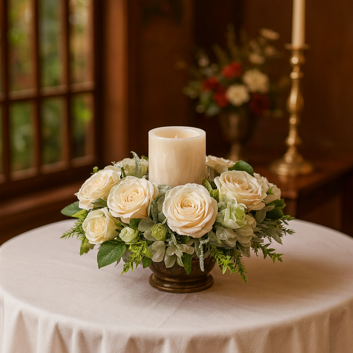 Floral arrangement with a candle on a round table in a warm-toned room.