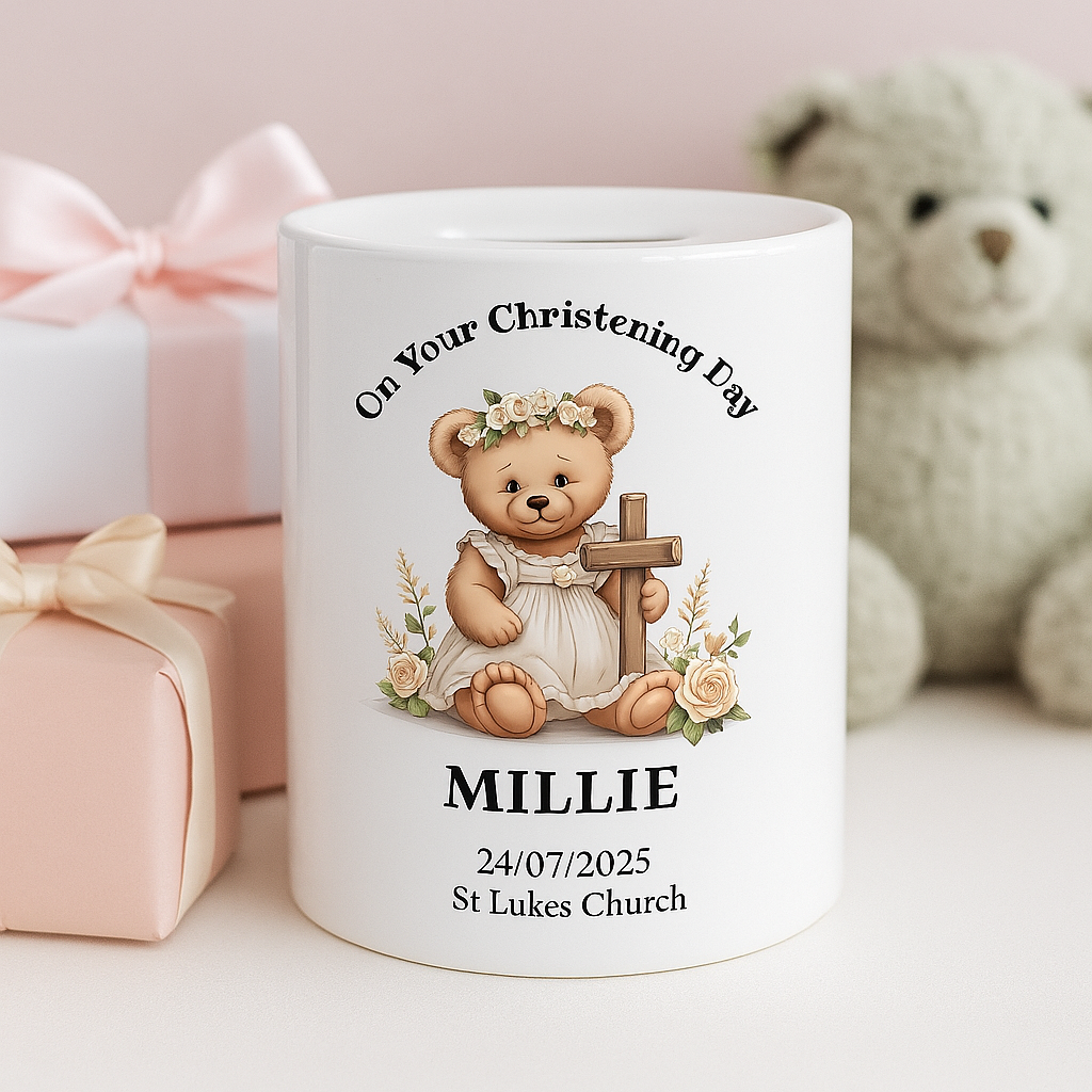 White mug with teddy bear design and personalized text on a light pink background
