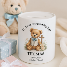 Personalized money box with teddy bear design and text on a light background