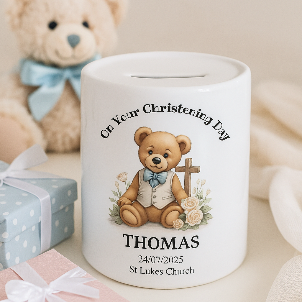 Personalized money box with teddy bear design and text on a light background
