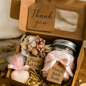 Gift set with floral bath soaks and a 'Thank you' tag, presented in a box.