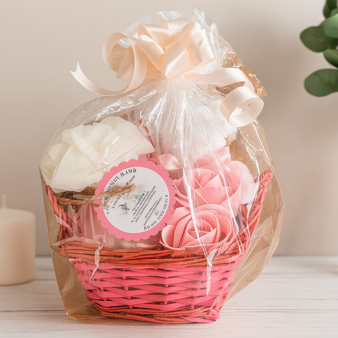 Gift basket with pink flowers and a candle on a white surface