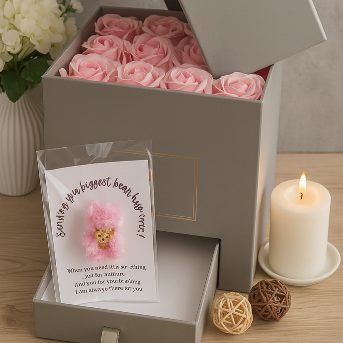 Open gray gift box with pink roses, a card, and a candle on a wooden surface.