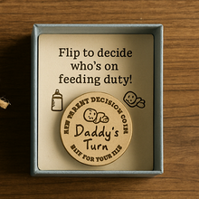 New parent, baby gift, flip the coin to decide who's turn its to look after baby
