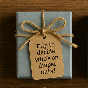 New parent, baby gift, flip the coin to decide who's turn its to look after baby