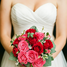 Bouquet of red and pink roses held by a person in a white dress.