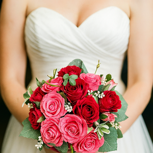Bouquet of red and pink roses held by a person in a white dress.