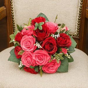 a wedding bouquet of artificial faux silk cerise & red rose flowers
