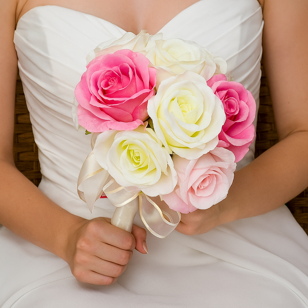 Bouquet of pink and white roses held by a person in a white dress.