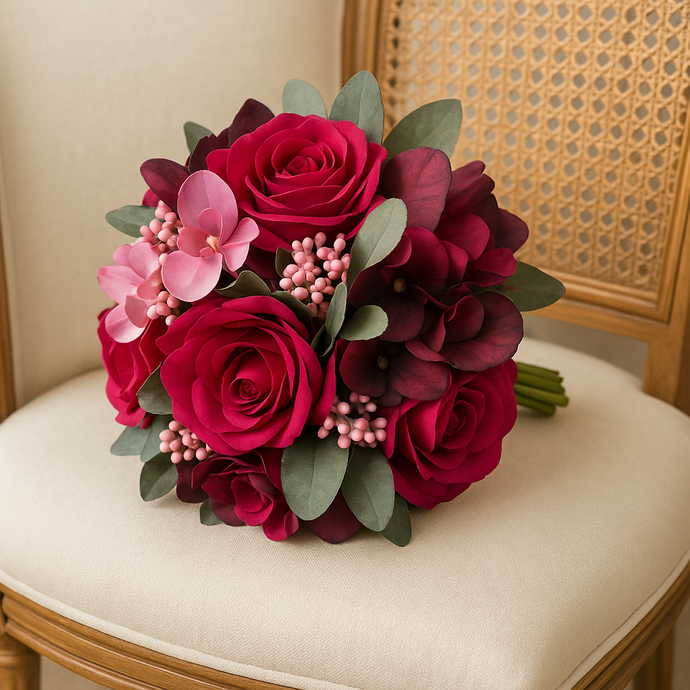 one of a kind wedding bouquet of artificial faux silk hydrangea, roses & orchids