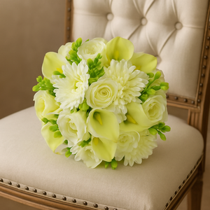 WEDDING BOUQUET of artificial silk ivory hydrangea, calla, rose flowers