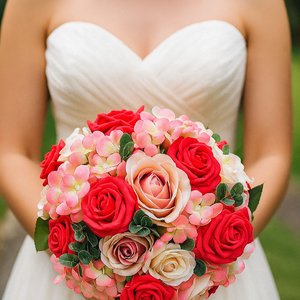 A brides bouquet featuring apricot, coral and peach roses & hydrangea
