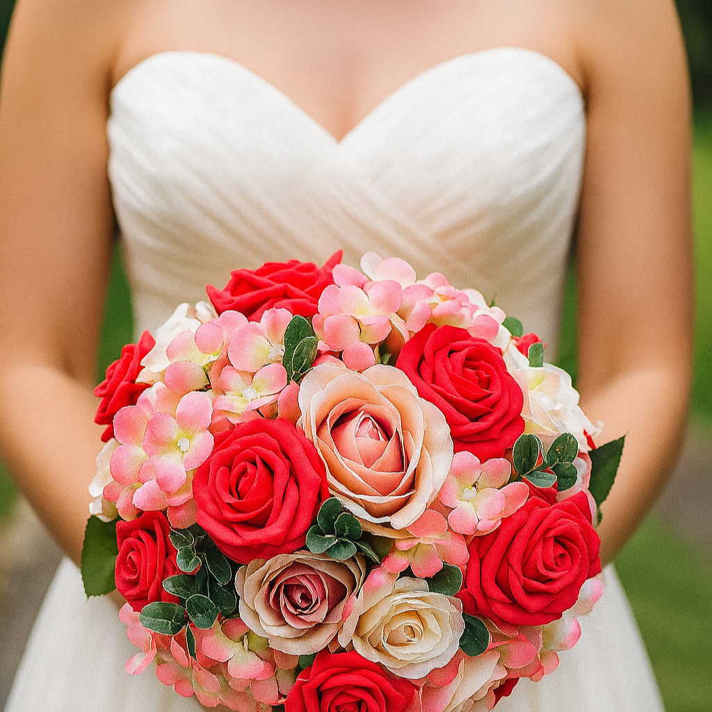 A brides bouquet featuring apricot, coral and peach roses & hydrangea