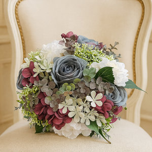 Wedding bouquet in shades of lilac grey burgundy and pink