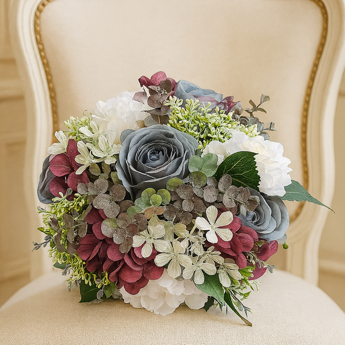 Wedding bouquet in shades of lilac grey burgundy and pink