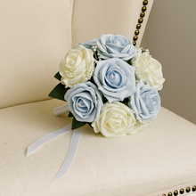 A bouquet collection of artificial baby blue & ivory foam roses with pearl centres