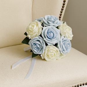 A bouquet collection of artificial baby blue & ivory foam roses with pearl centres