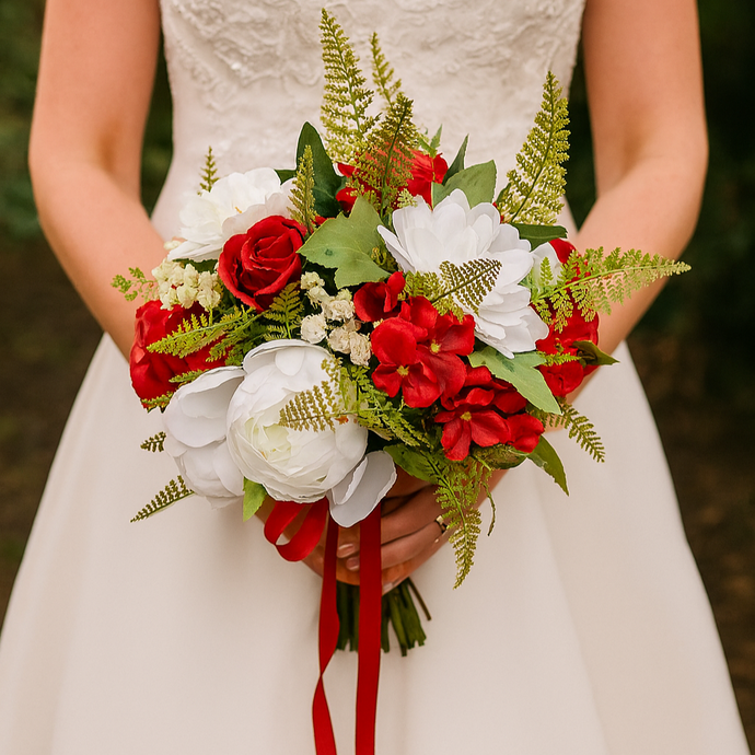 Bouquet of red and white flowers held by a person wearing a white dress.