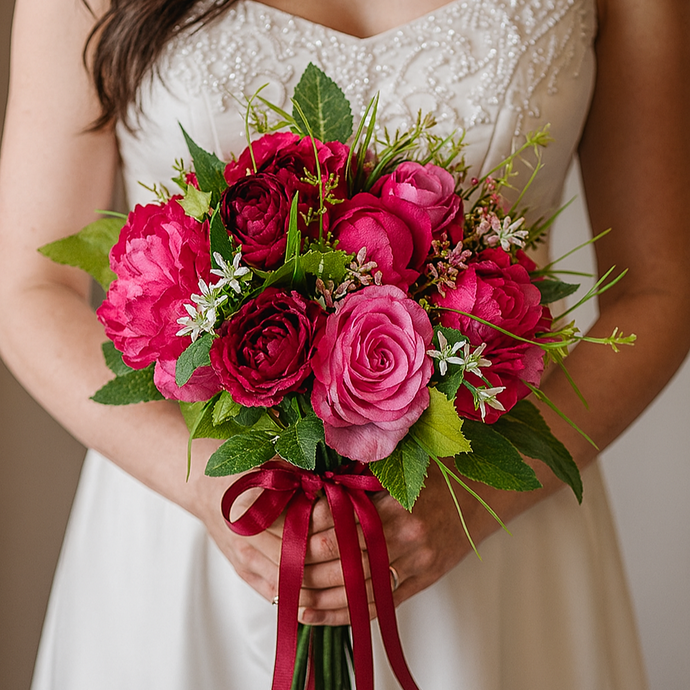 Bouquet of pink and red flowers held by a person in a white dress.