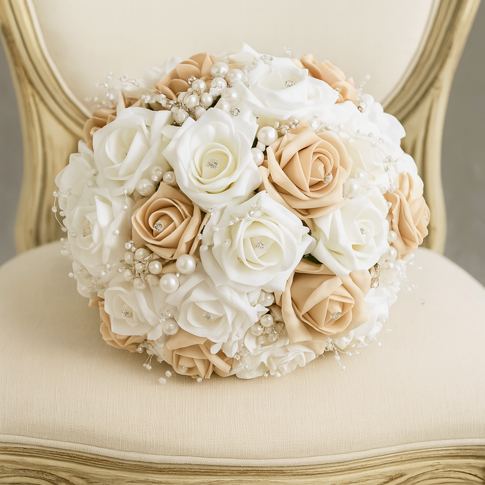 An artificial wedding bouquet featuring beige, white and ivory foam roses