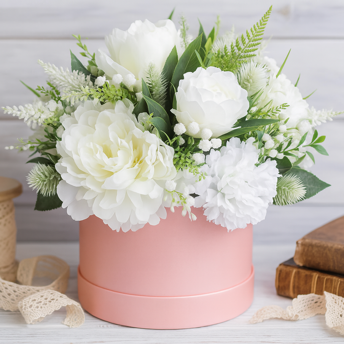 pink hat box featuring ivory roses and peony artificial silk flowers, personalised