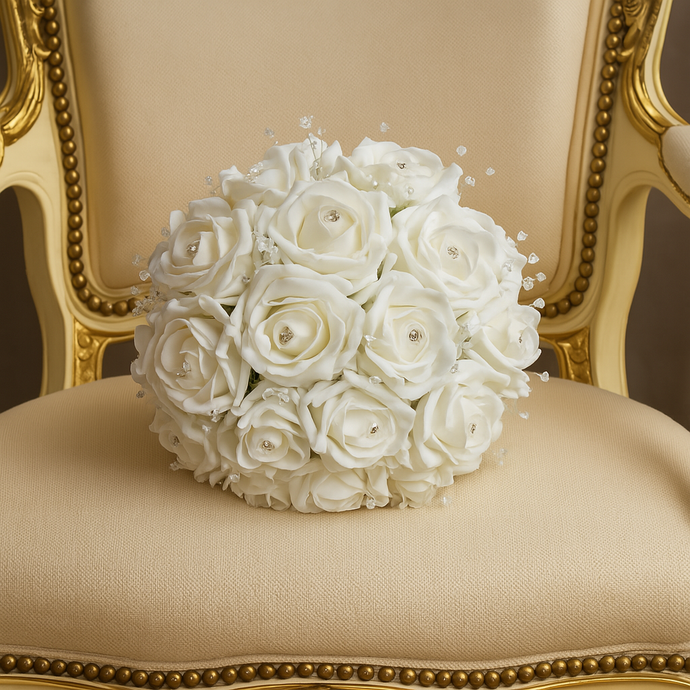 Bouquet of white roses with small crystals on a beige chair with gold trim