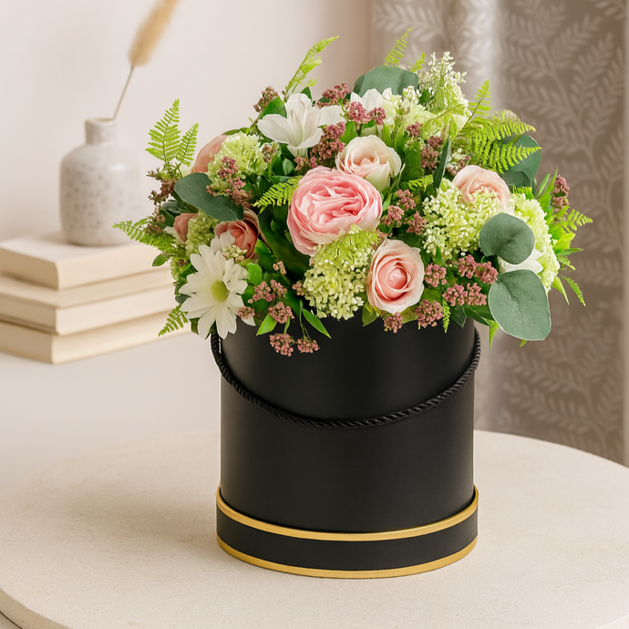 A large flower arrangement of pink and ivory faux silk flowers in black hat box
