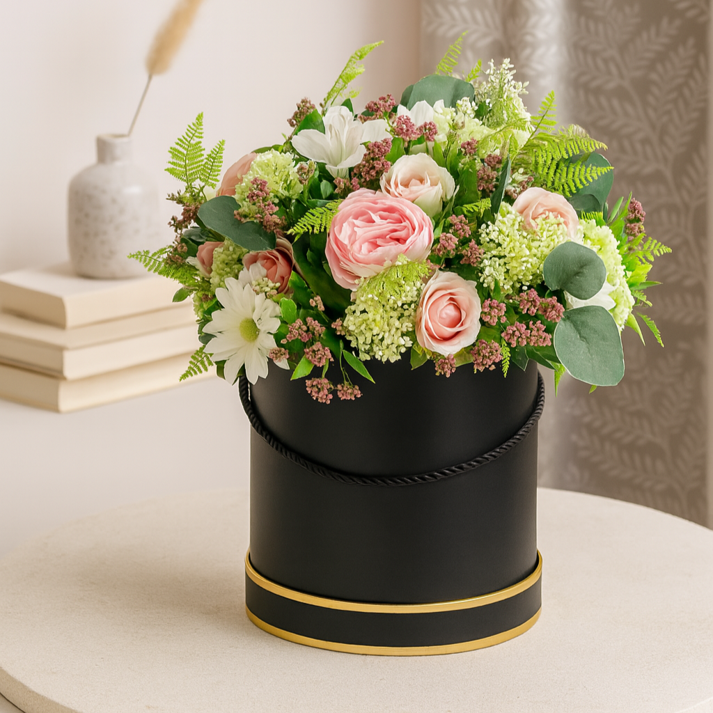 A large flower arrangement of pink and ivory faux silk flowers in black hat box