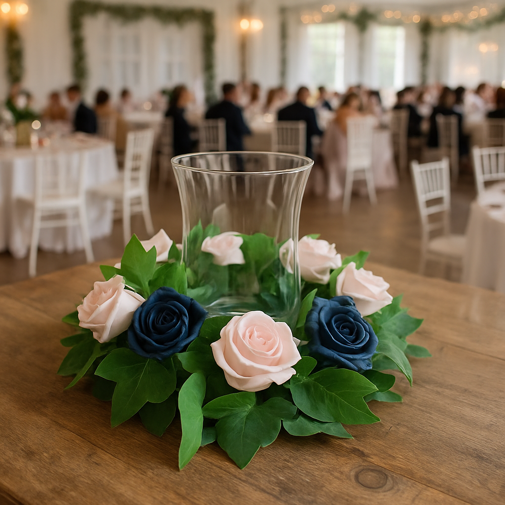 Decorative floral arrangement with blue and pink roses on a wooden table, blurred wedding reception in the background.