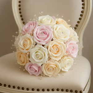 A wedding bouquet of artificial ivory champagne & pink foam Roses
