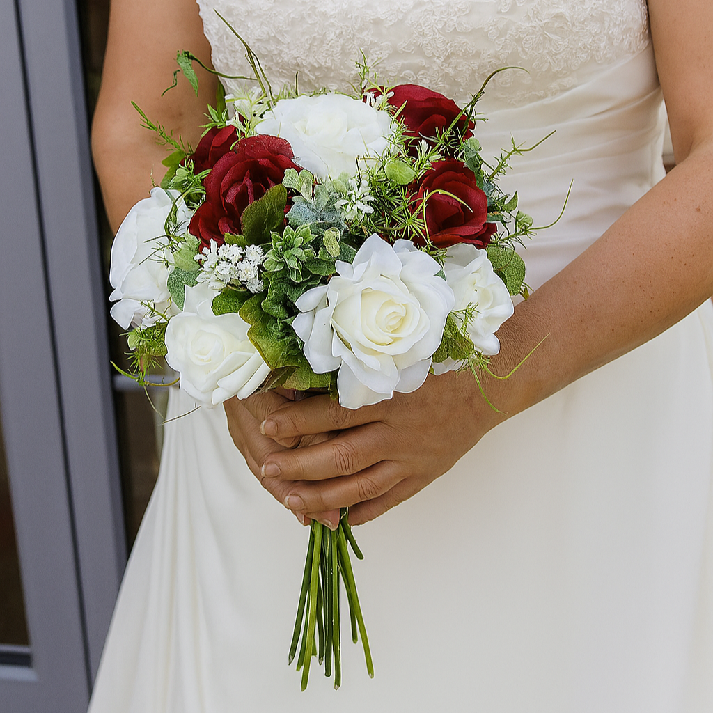 a burgundy and ivory wedding bouquet of faux silk artificial flowers