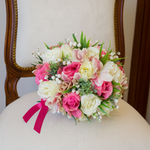artificial wedding bouquet of pink and ivory flowers