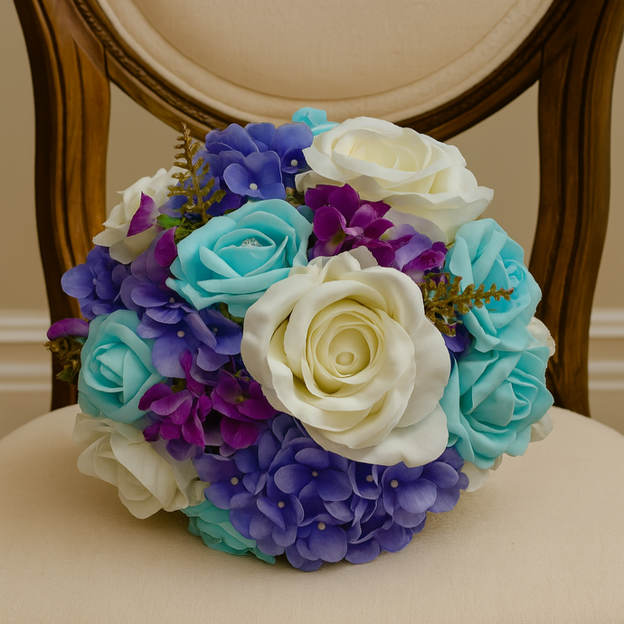 wedding bouquet of artificial ivory blue roses and hydrangea flowers