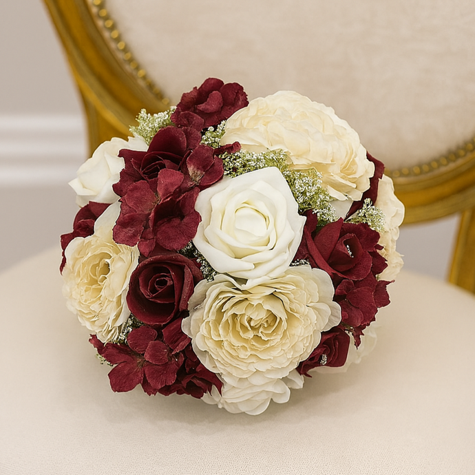 a wedding bouquet of cream, ivory & burgundy artificial roses & hydrangea